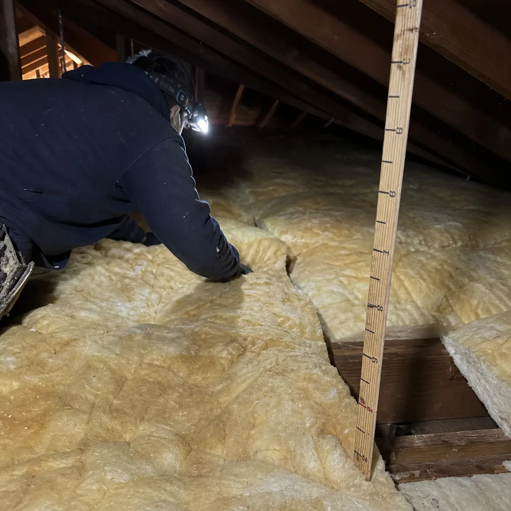 Technician installing fiberglass batt insulation in a residential attic