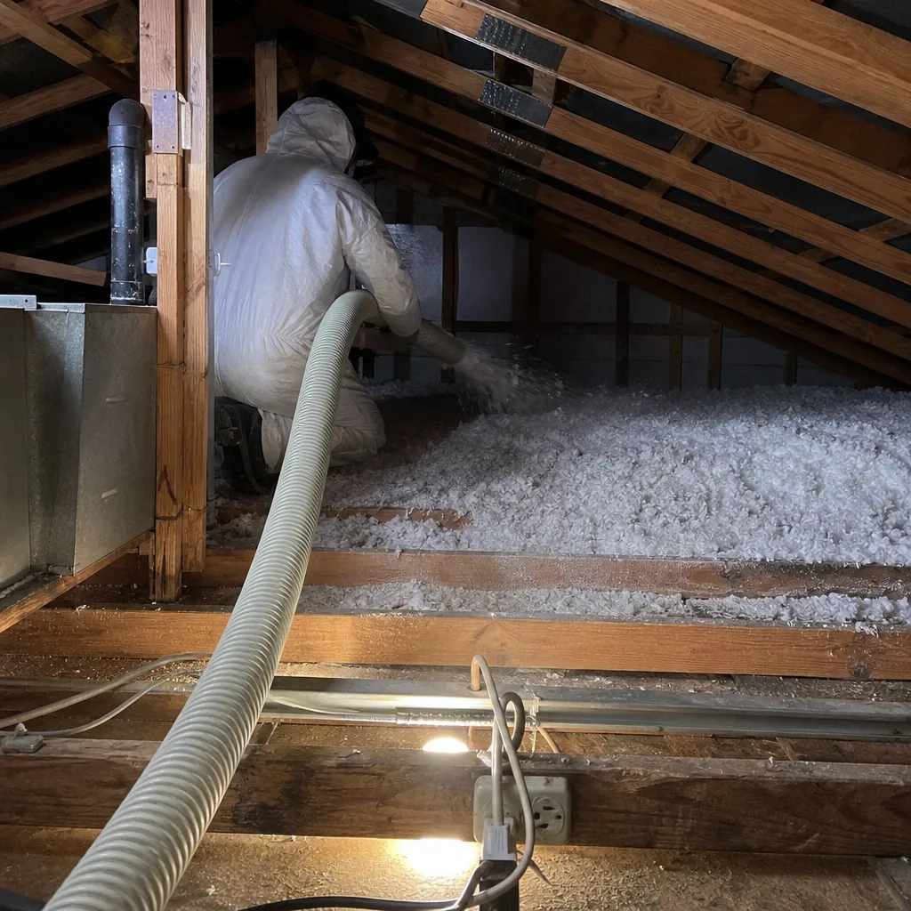 Technician installing blown-in attic insulation with a professional hose sprayer.