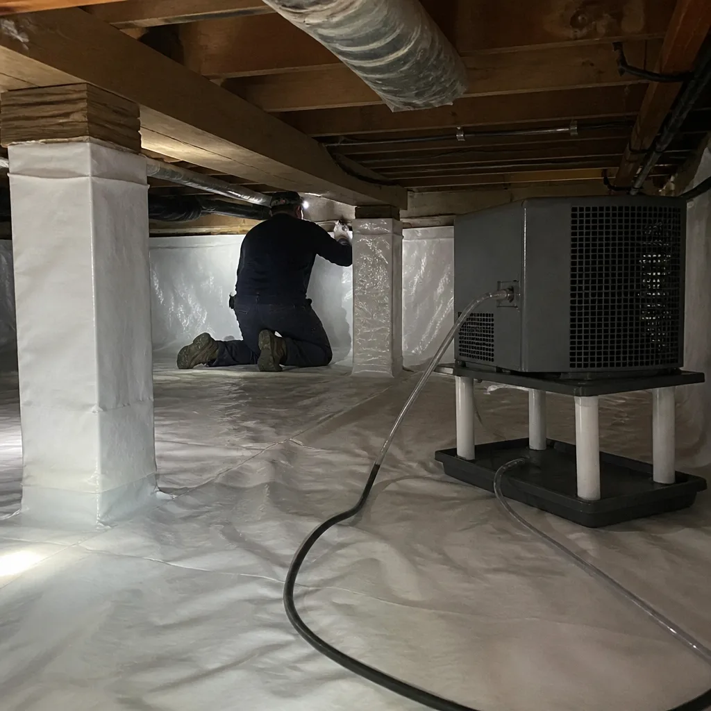 Technician performing professional crawl space encapsulation and vapor barrier installation