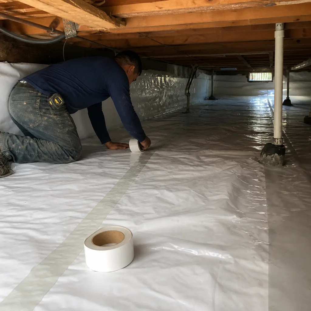 Contractor installing professional crawl space encapsulation and vapor barrier insulation