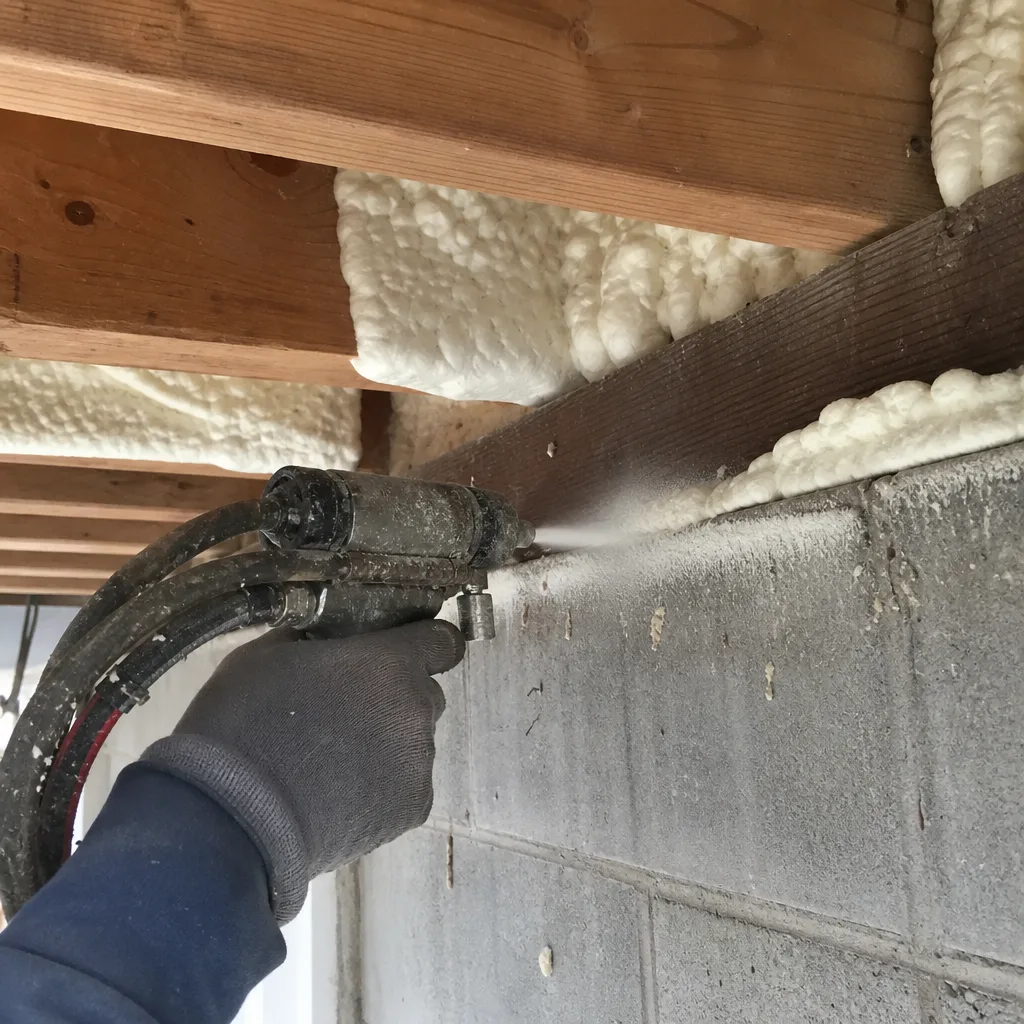 professional applying spray foam insulation to basement rim joist
