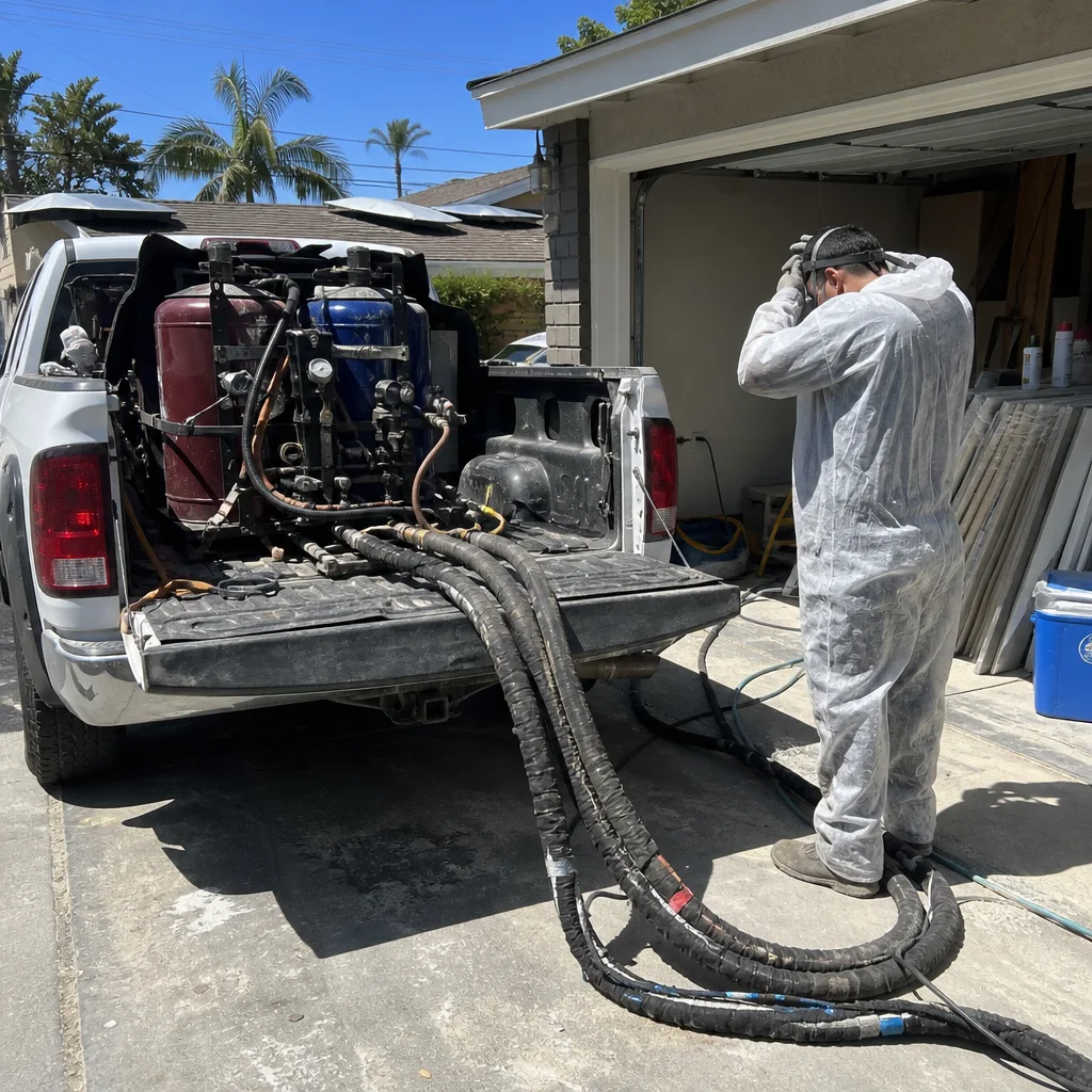 Contractor in protective suit preparing spray foam insulation equipment