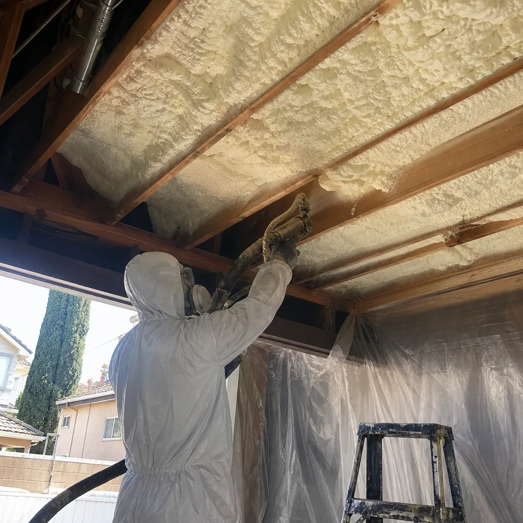 professional applying spray foam insulation to ceiling rafters